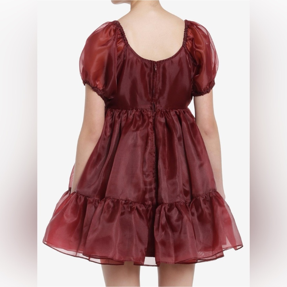 Burgundy organza puff sleeve baby doll style dress nwot - Picture 2 of 4